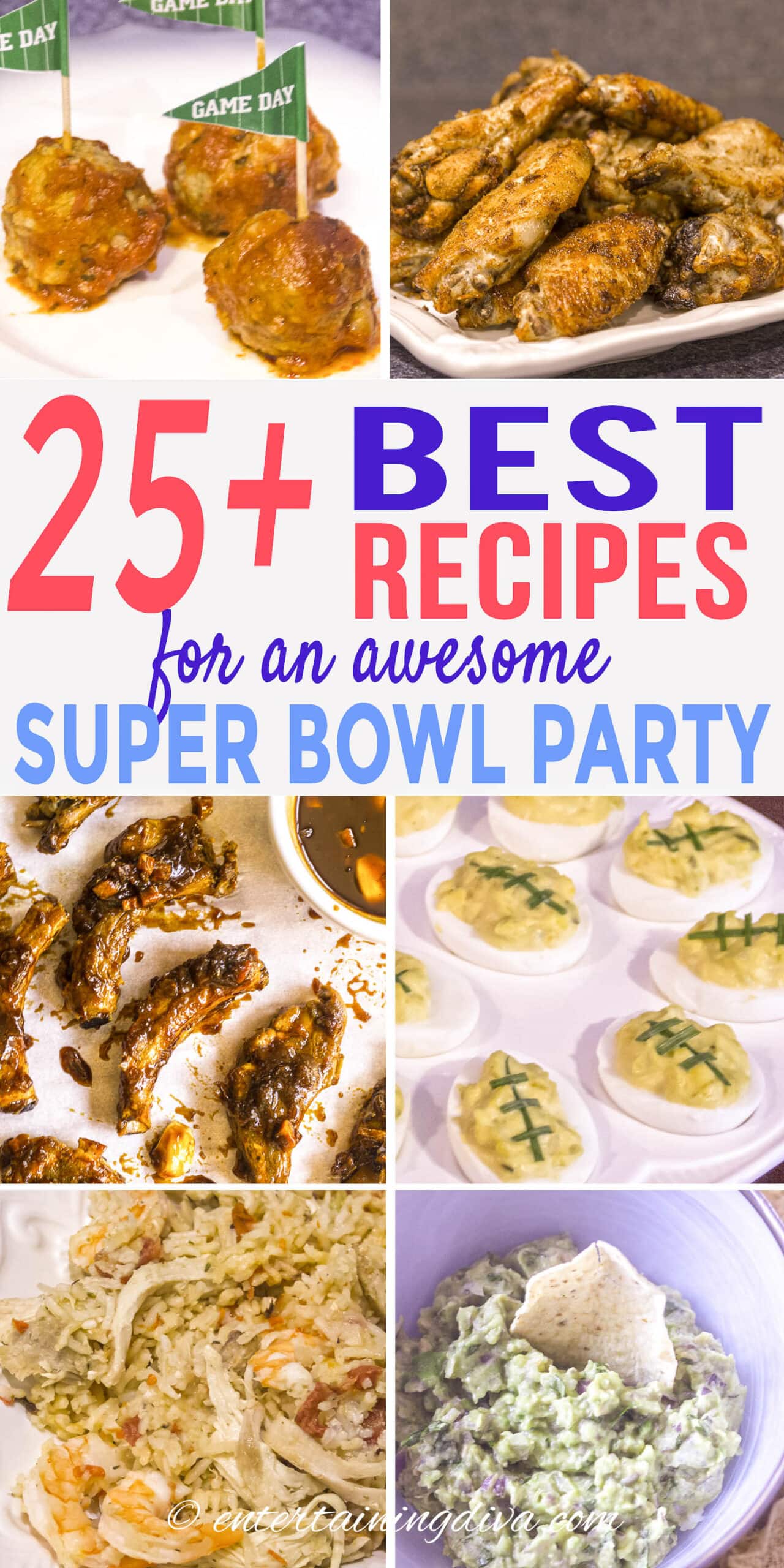 Super bowl party menu including slow cooker meatballs, spiced wings, ribs with BBQ sauce, football deviled eggs, jambalaya and guacamole dip