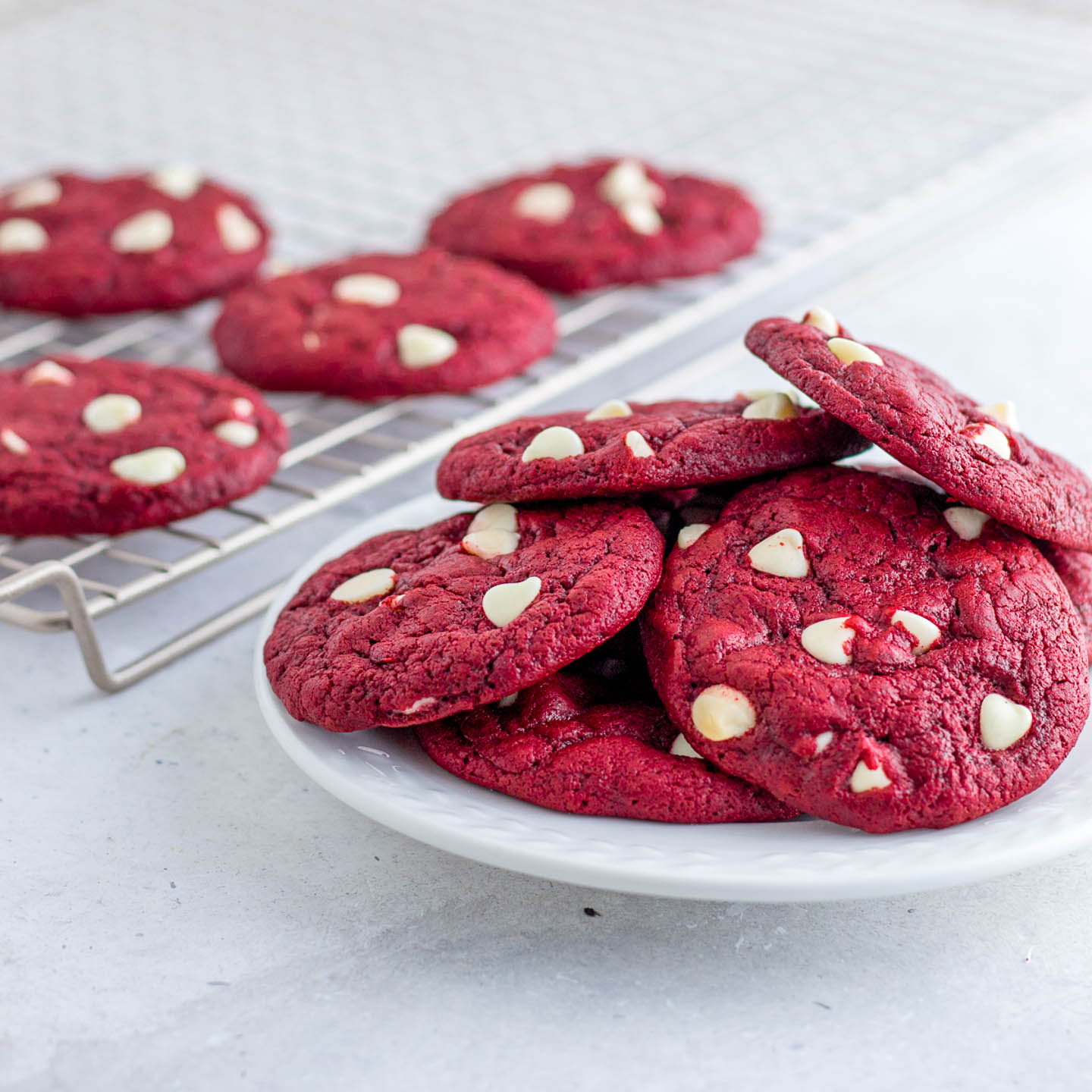 red velvet cookies piled on a plate