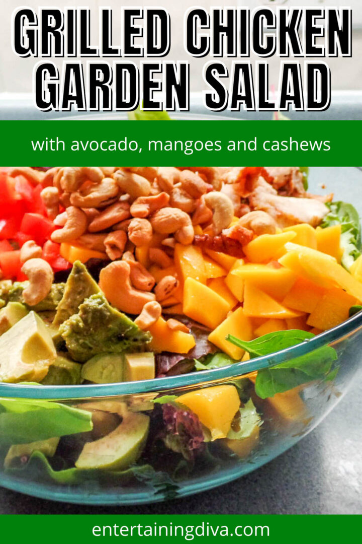 grilled chicken garden salad with mango, cashews and avocado