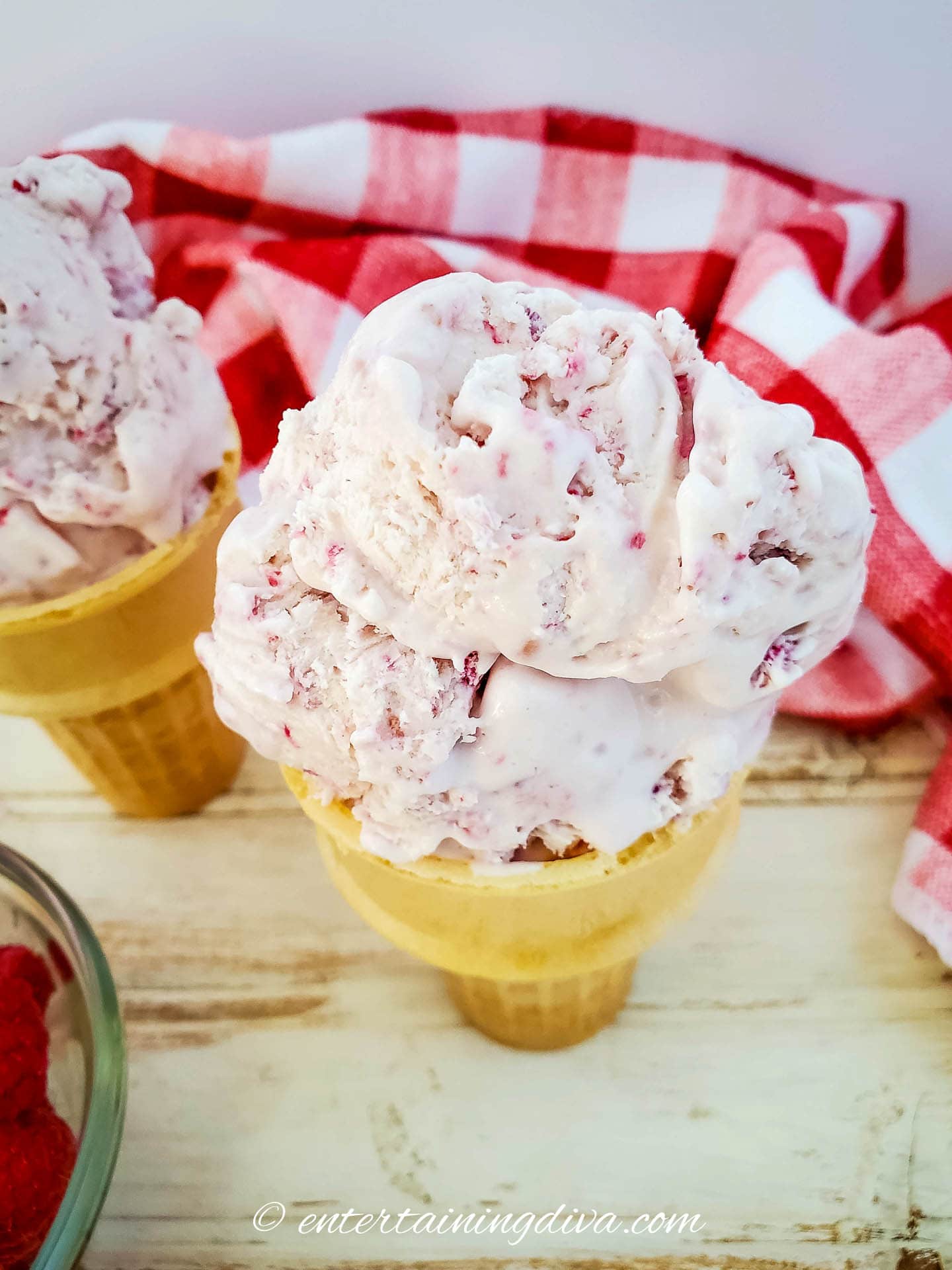 overhead picture of no churn raspberry ice cream in an ice cream cone