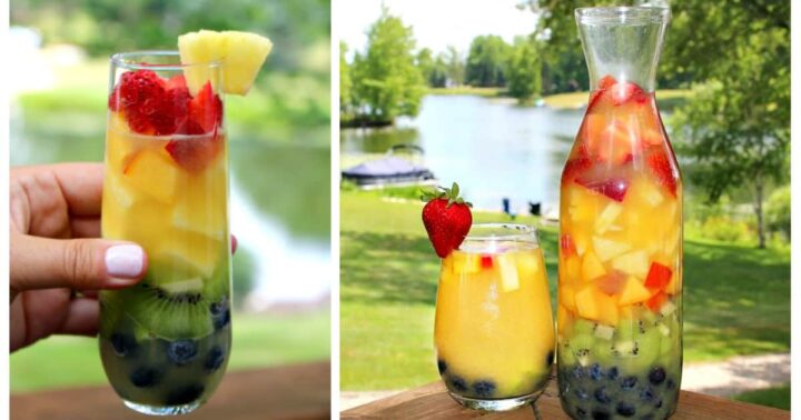 Rainbow sangria in a glass and in a pitcher