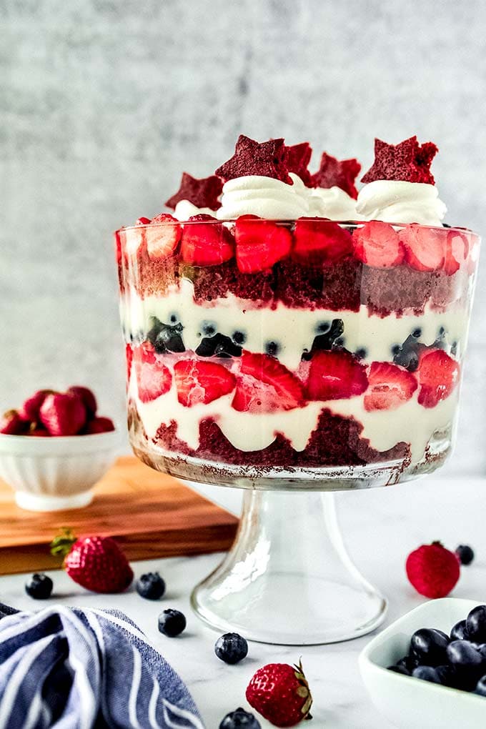 red velvet trifle with strawberries and blueberries