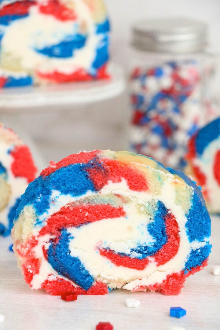 close up of the red, white and blue cake roll