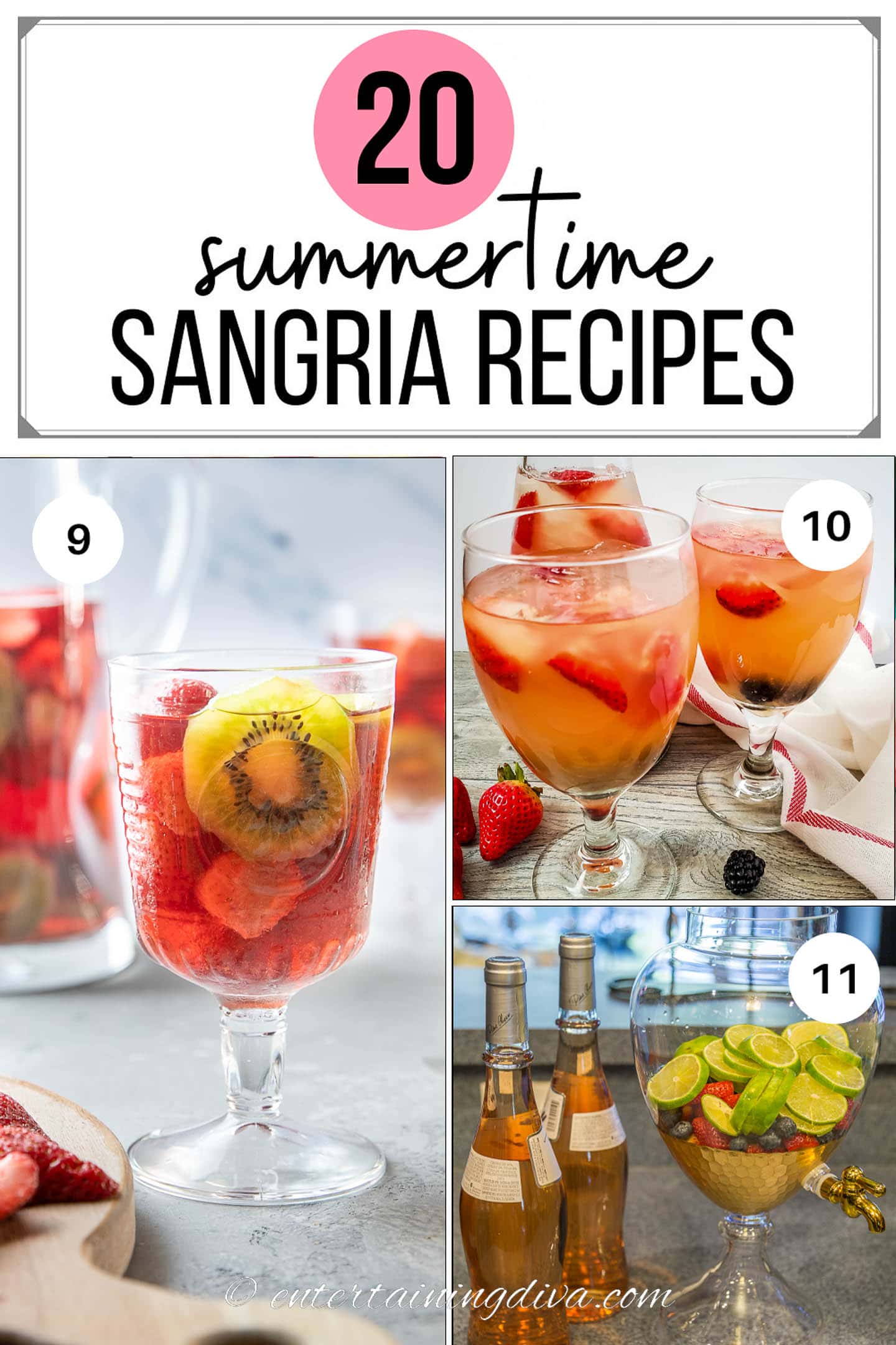 3 pictures of summer sangria recipes- kiwi strawberry sangria in a glass, triple berry sangria in glasses, berries and lime sangria ingredients - with the text summertime sangria recipes on the top