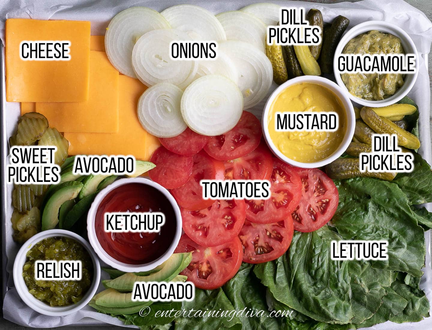 burger toppings arranged on a charcuterie board with ingredient labels