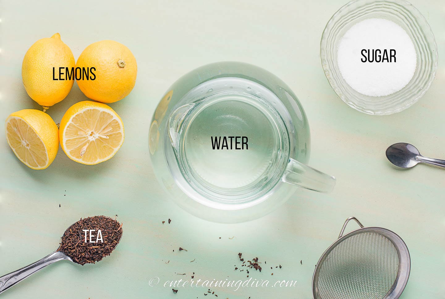 cold brew iced tea ingredients - lemons, water sugar and tea leaves