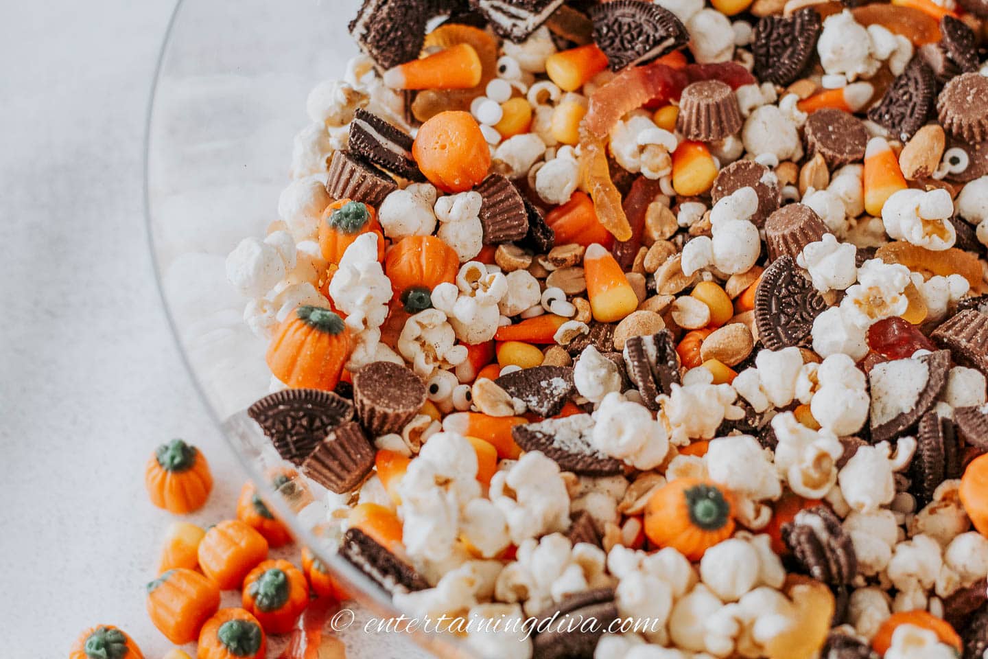 Halloween snack mix with popcorn and candy corn