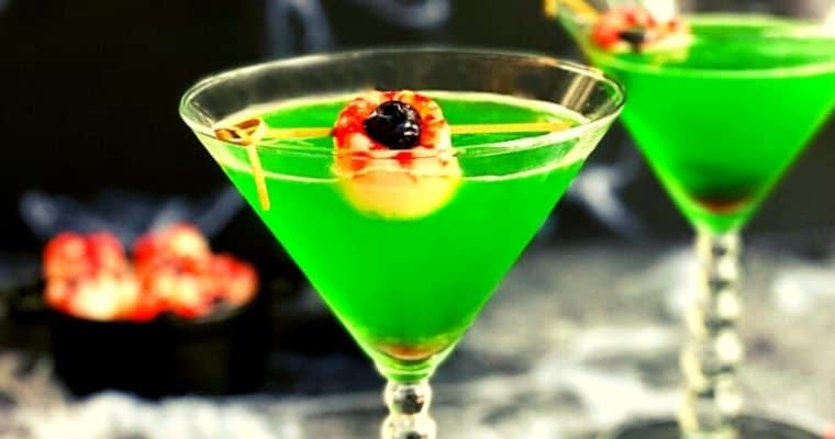 Green Halloween Gin Cocktail With Lychee Eyeballs
