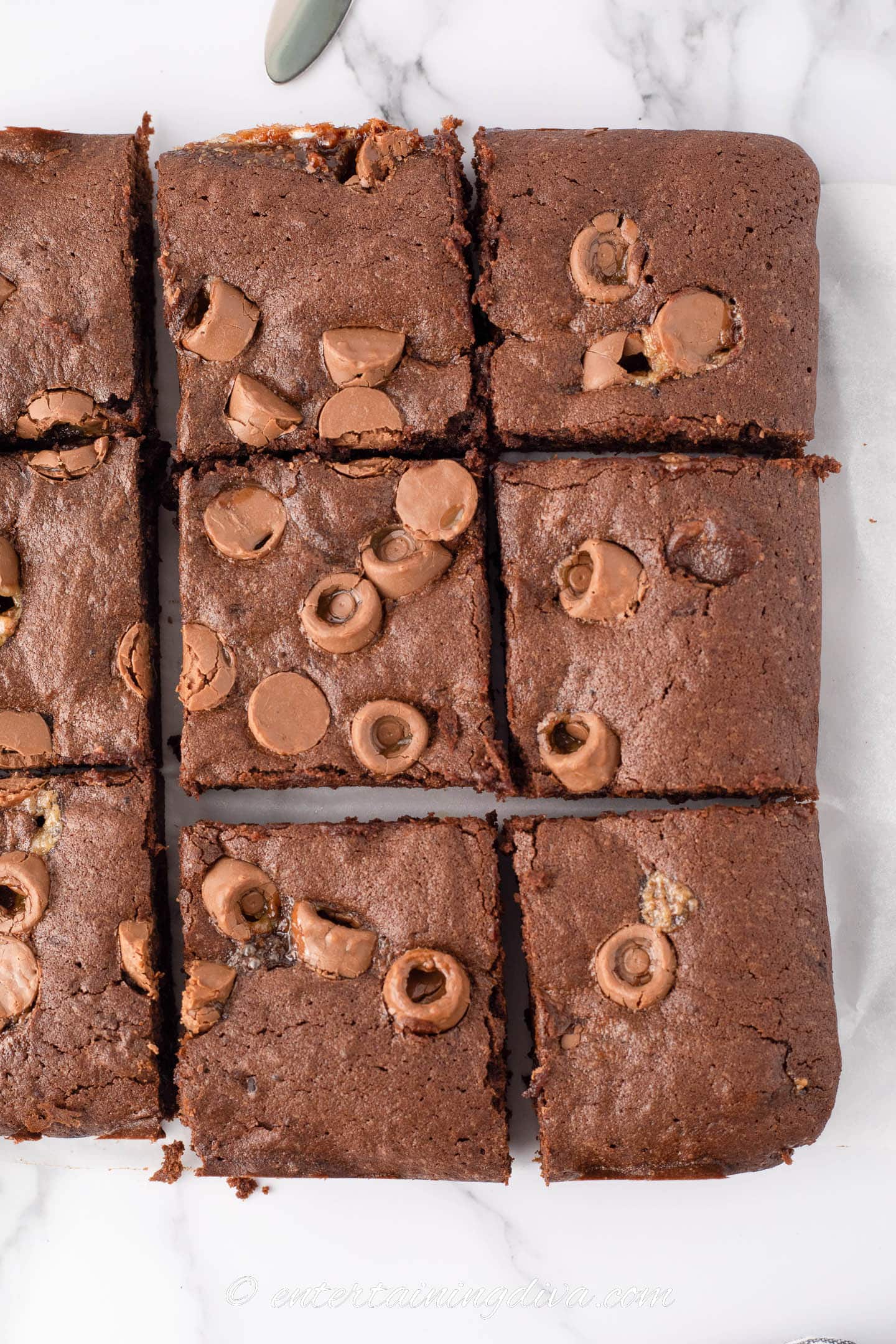 Overhead picture of Rolo brownies cut into squares