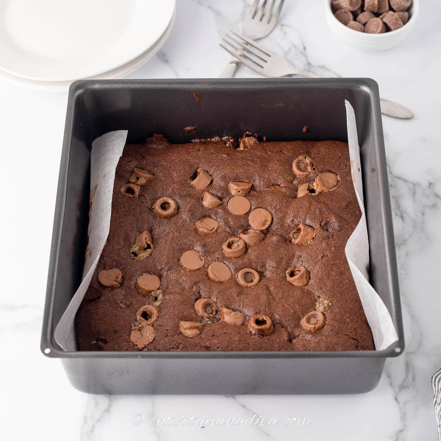 Rolo brownies in the square pan after baking