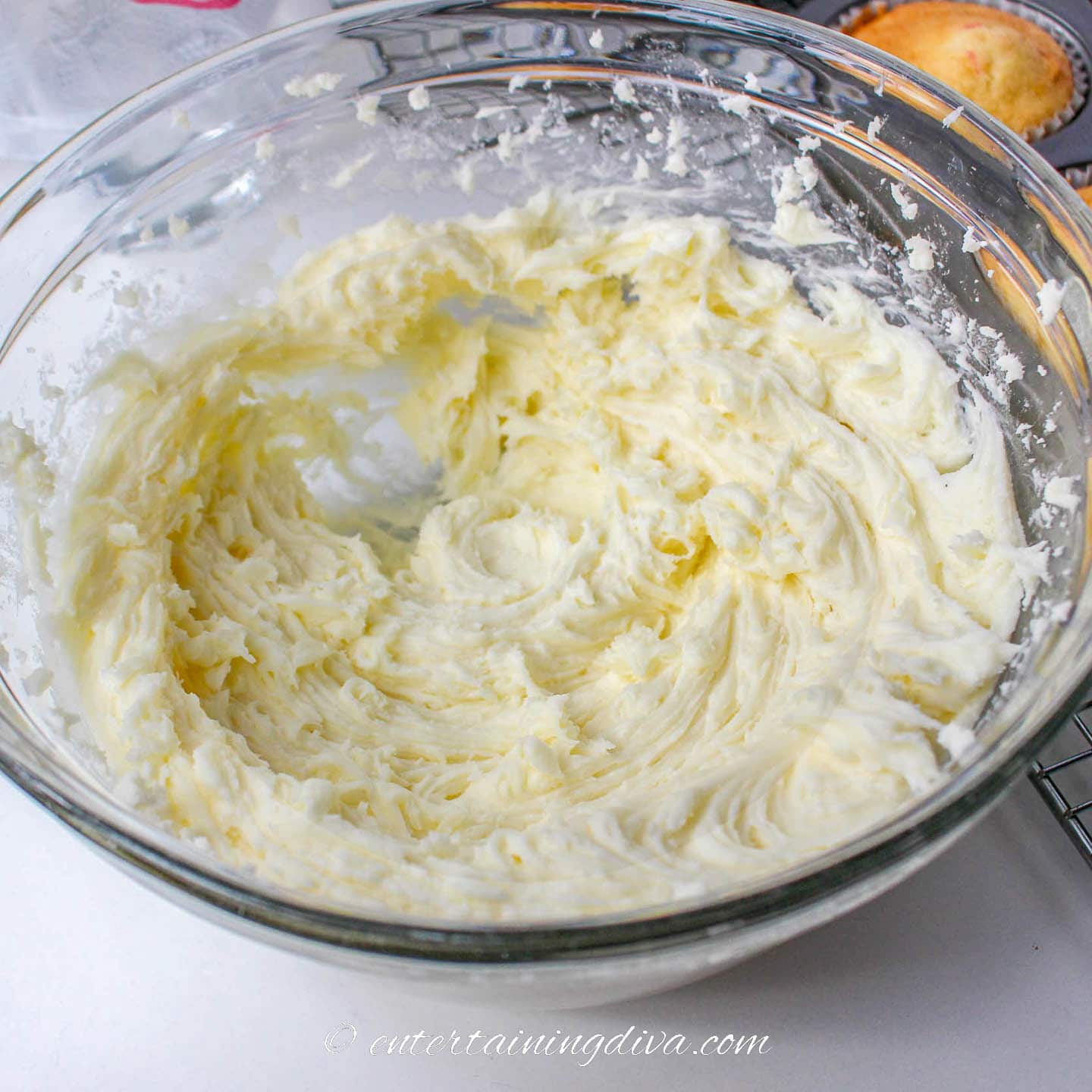 Vanilla buttercream frosting in a bowl
