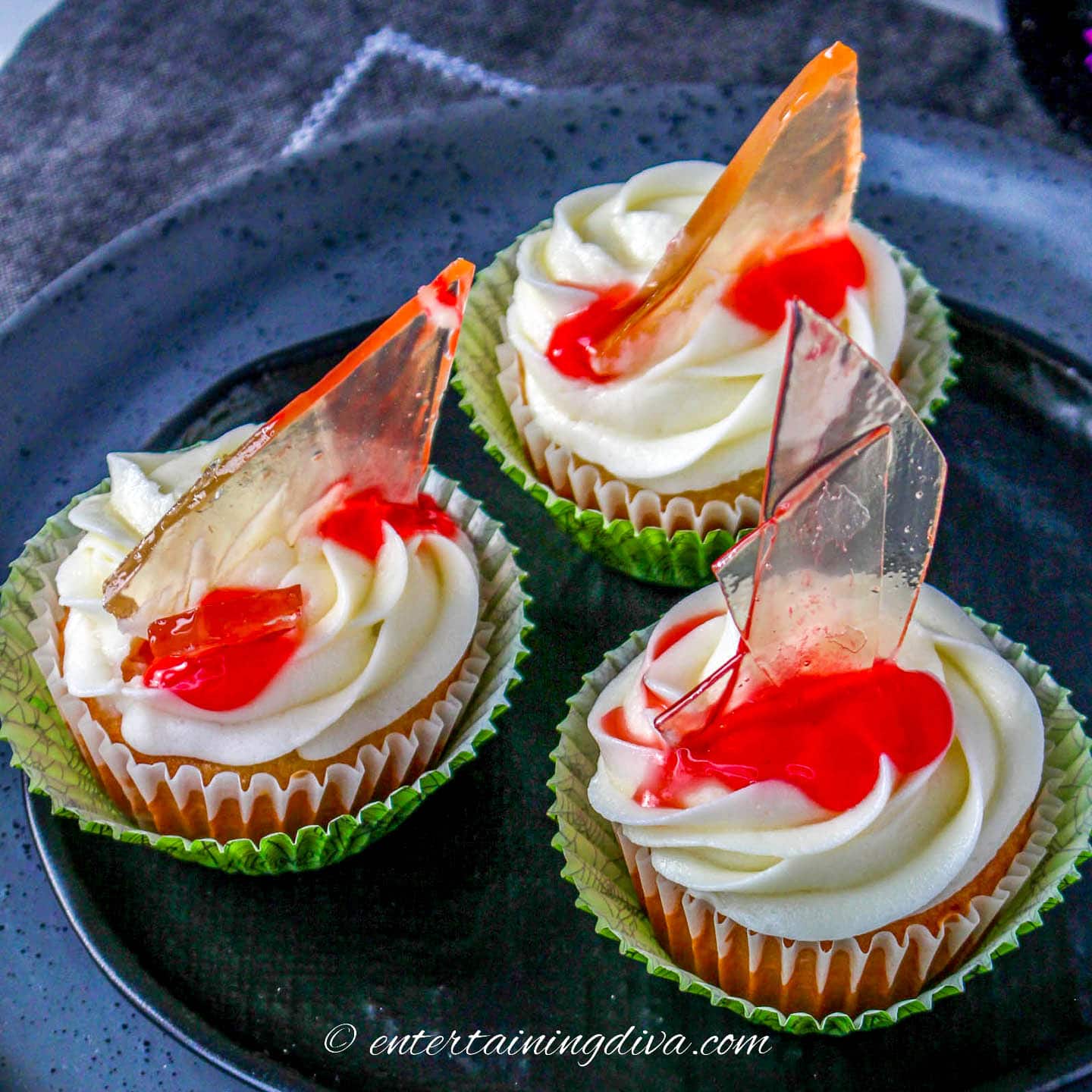 Broken glass Halloween cupcakes with strawberry blood