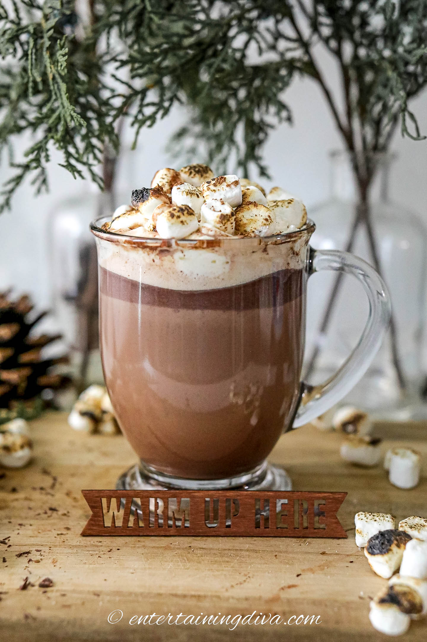Side view of a glass of hot chocolate topped with whipped cream and marshmallows