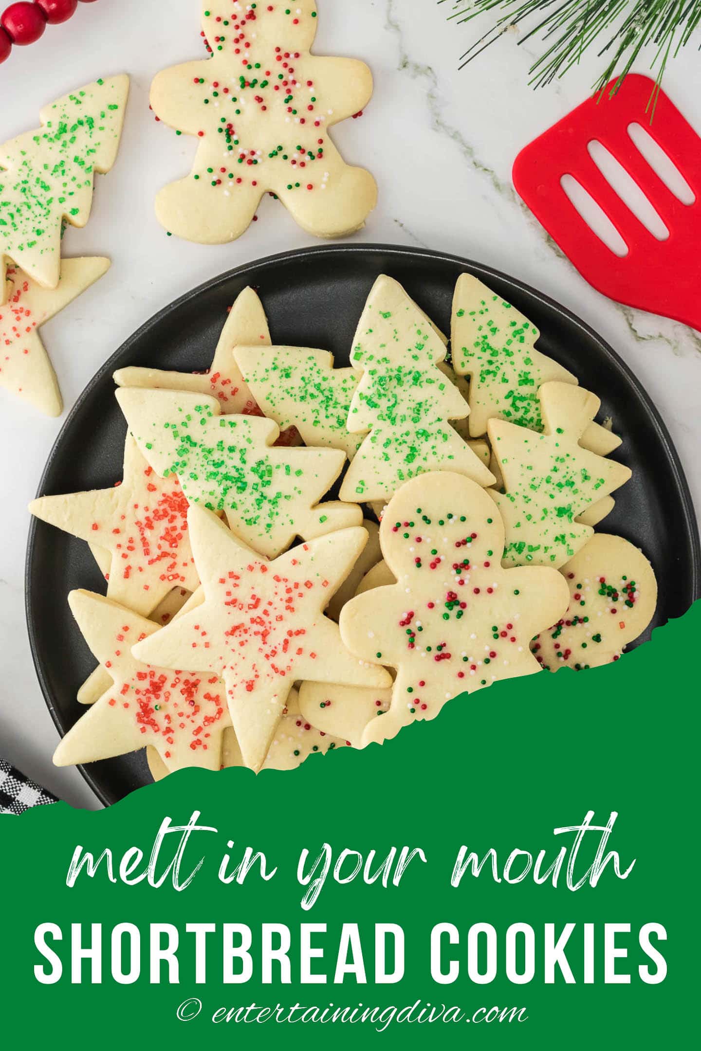 Overhead picture of shortbread Christmas cookies with the text "melt in your mouth shortbread cookies" on the bottom