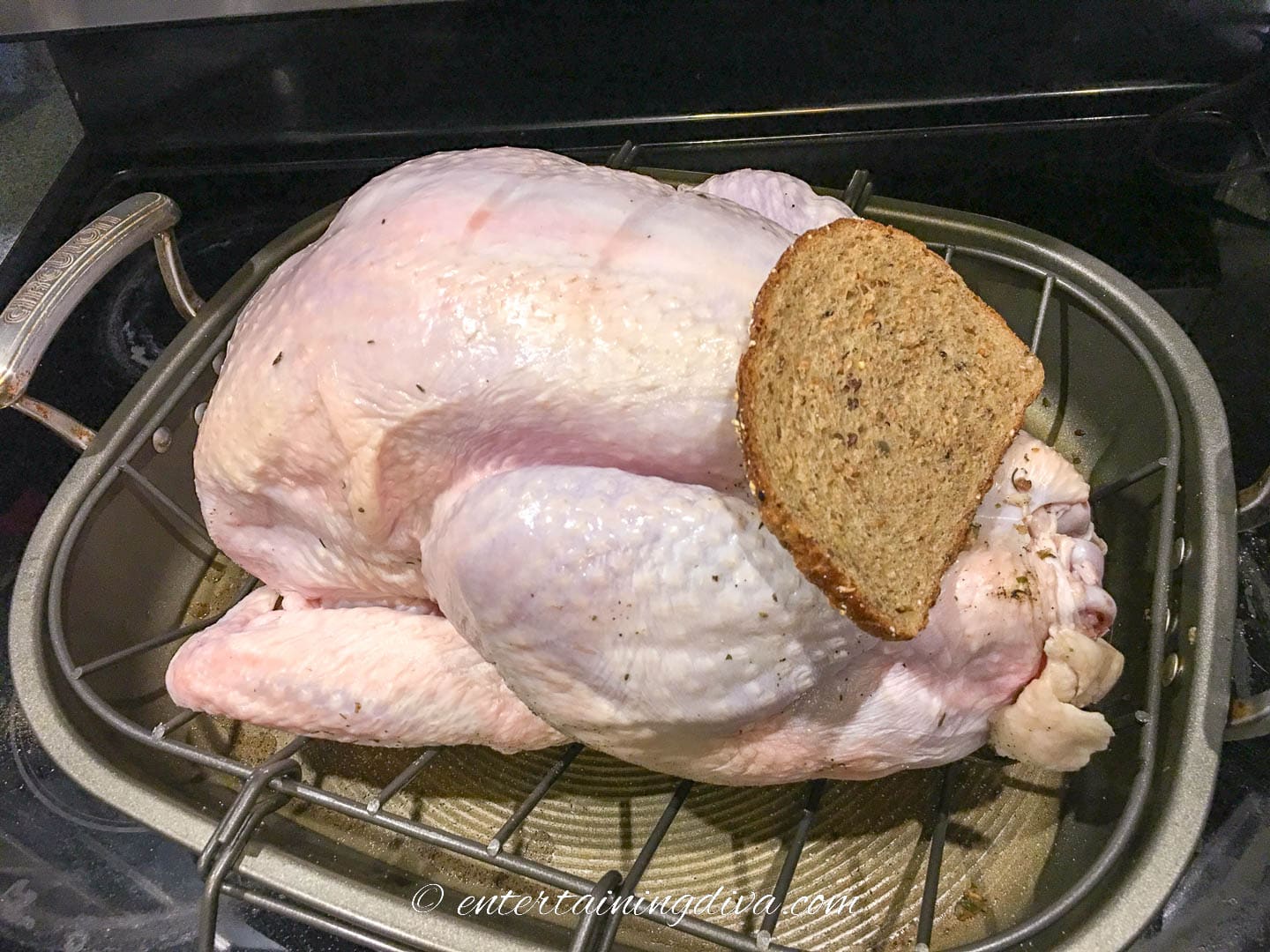Turkey with bread covering the stuffiing