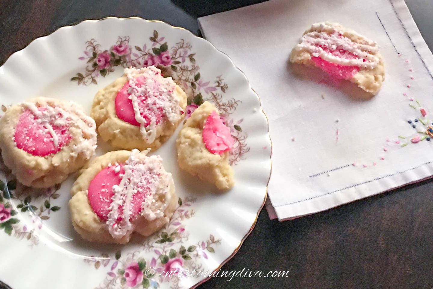 white chocolate peppermint thumbprint cookies on a plate
