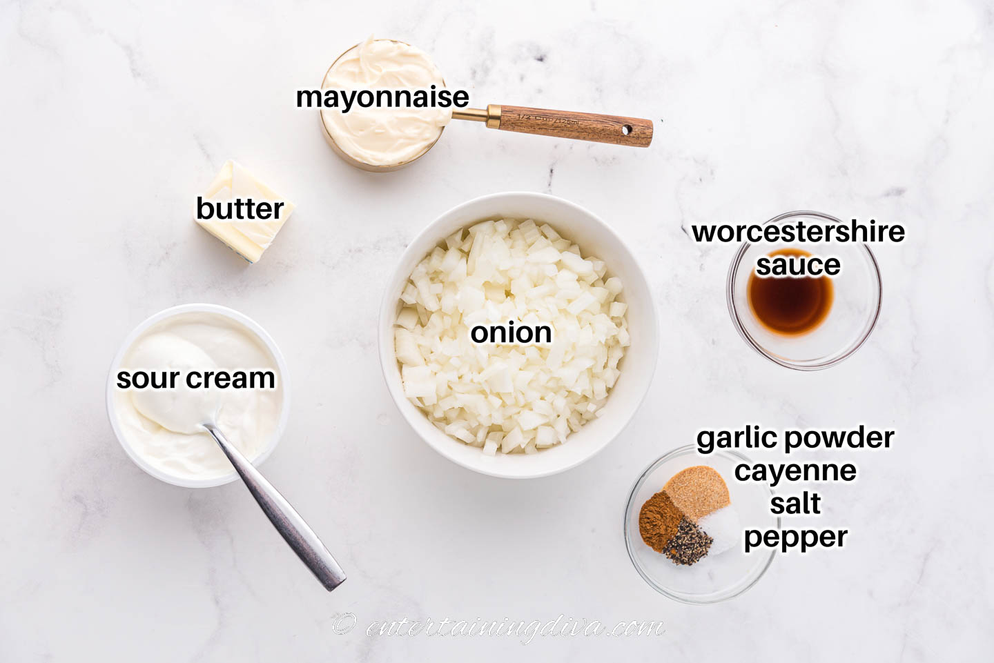 caramelized onion dip ingredients - onion, mayonnaise, butter, sour cream, worcestershire sauce, garlic powder, cayenne, salt, pepper