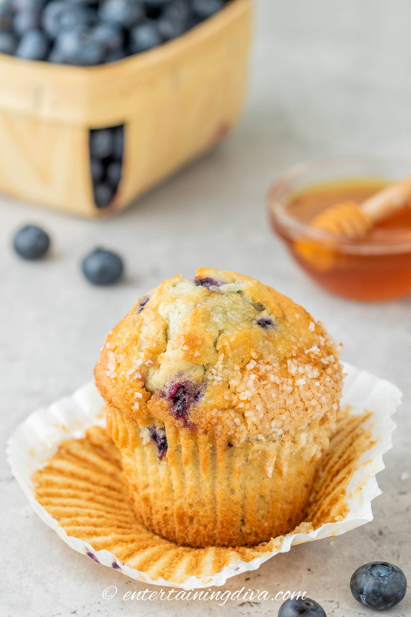 A blueberry muffin with the wrapper peeled off