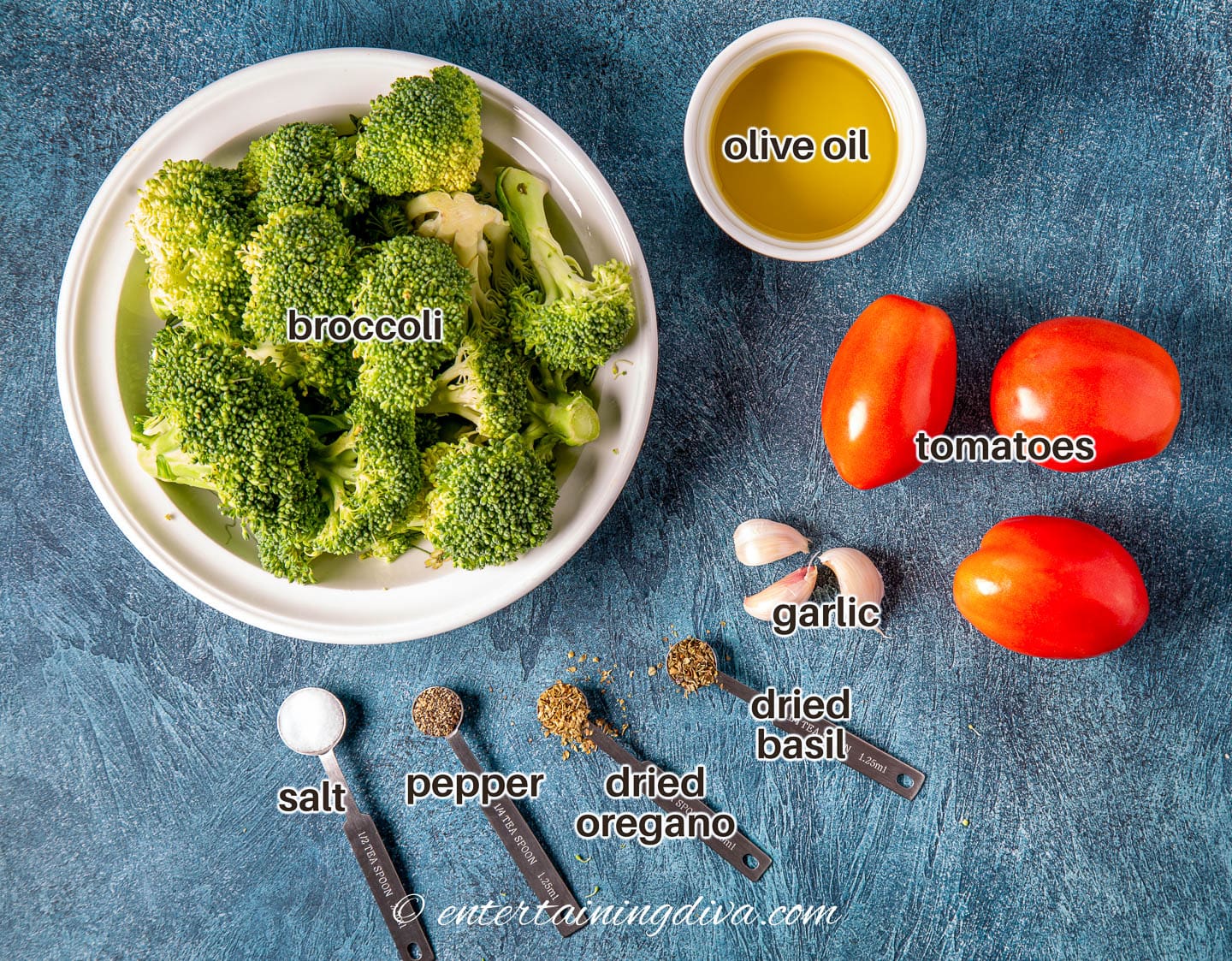 microwaved broccoli and tomatoes ingredients - broccoli, olive oil, tomatoes, garlic, dried basil, dried oregano, salt, pepper