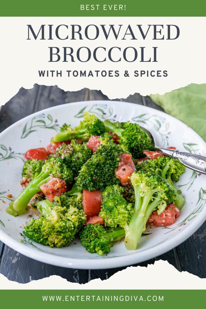 microwaved broccoli with tomatoes and spices pin image