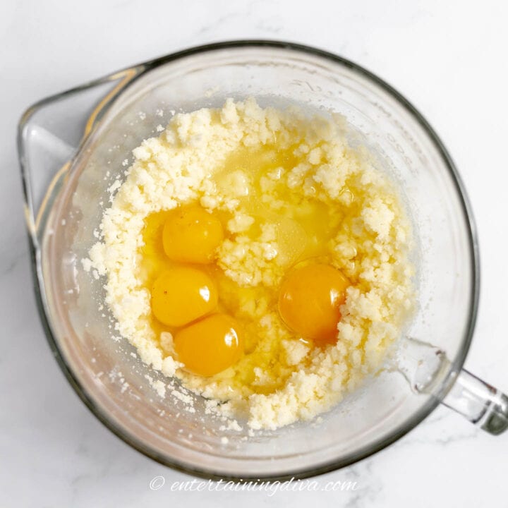 eggs and dry ingredients in a mixing bowl