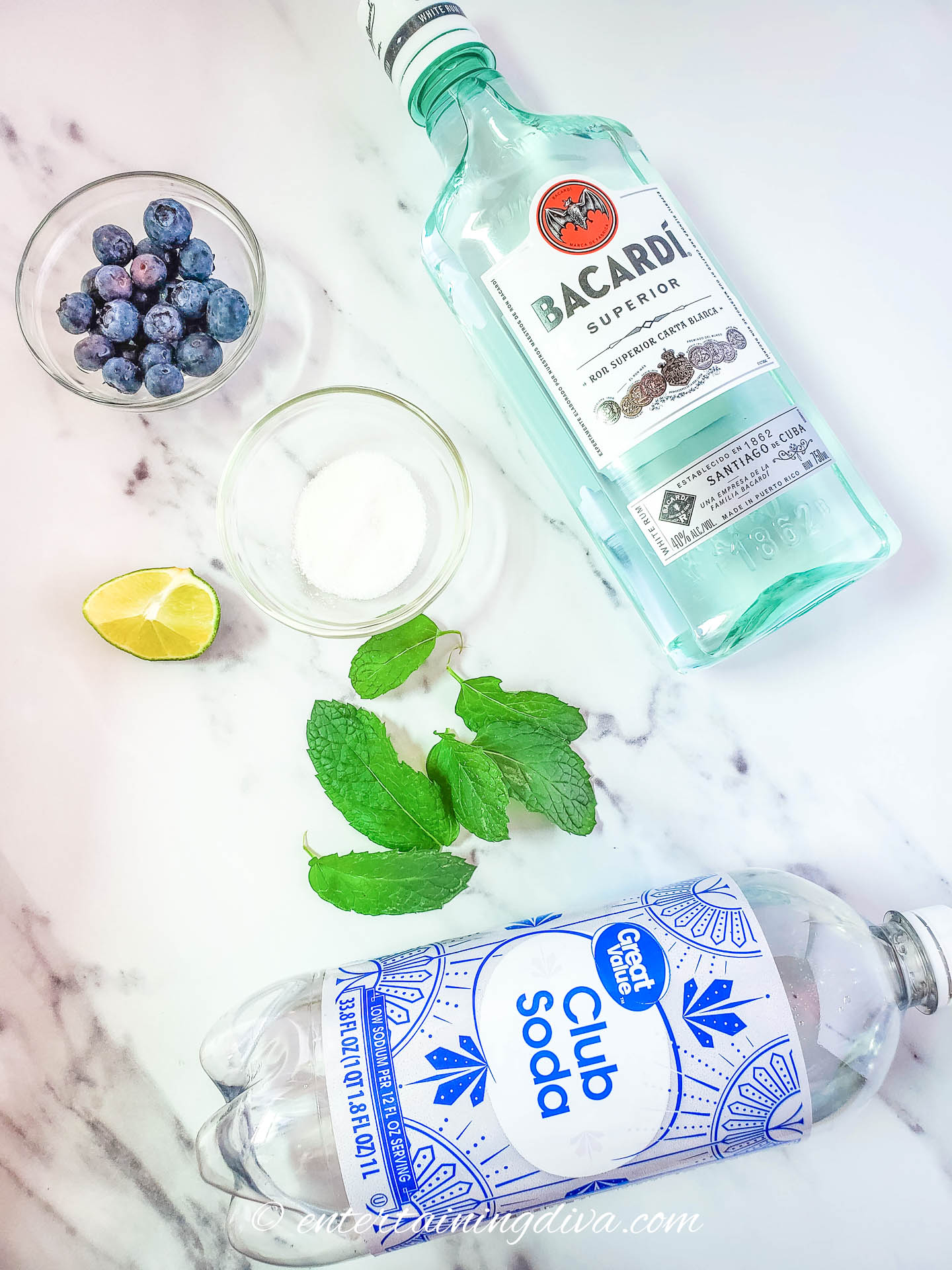 Ingredients for a blueberry mojito - fresh blueberries, rum, sugar, lime juice, mint leaves and club soda