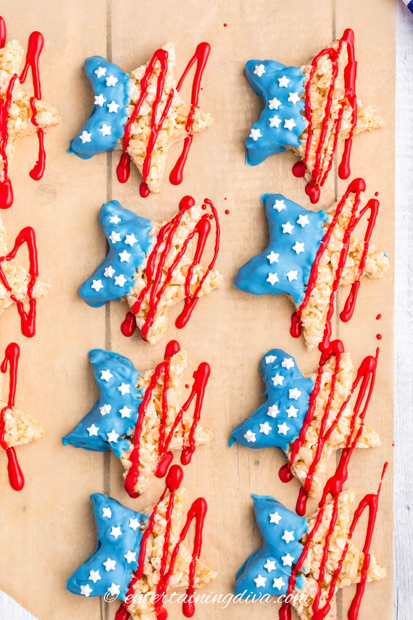 star-shaped rice krispie treats with red, white and blue decorations