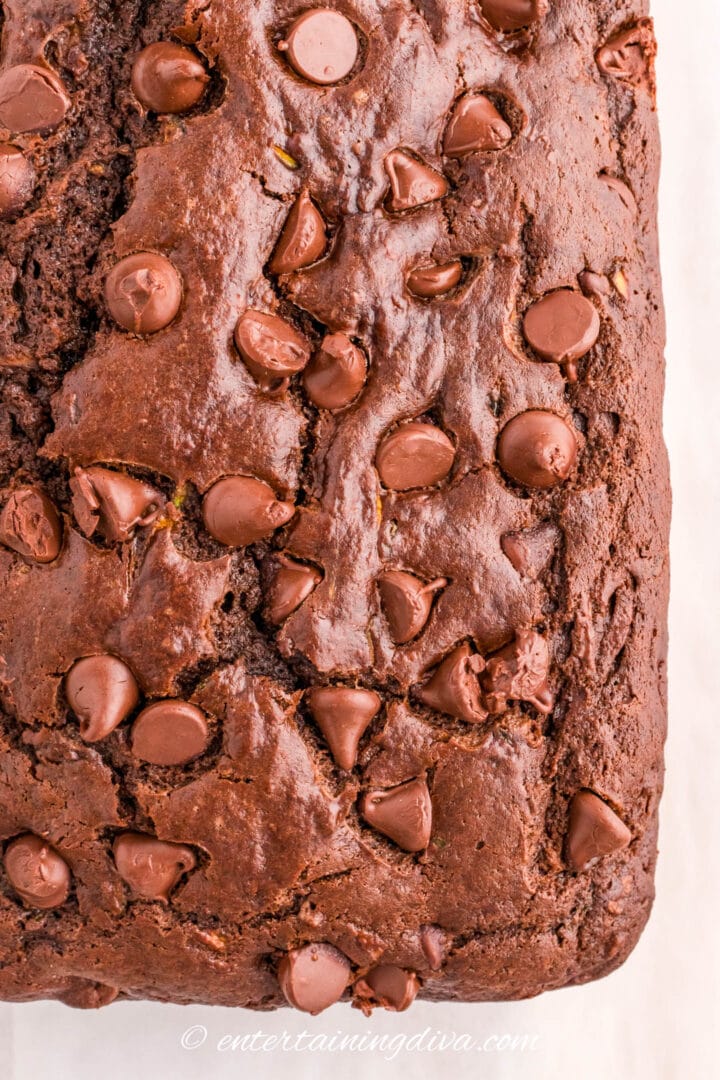 Close up of chocolate zucchini bread with chocolate chips