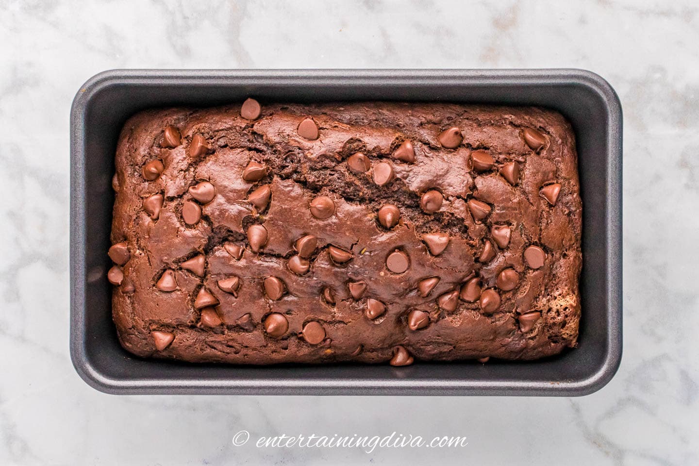 death by chocolate zucchini bread in a loaf pan after baking