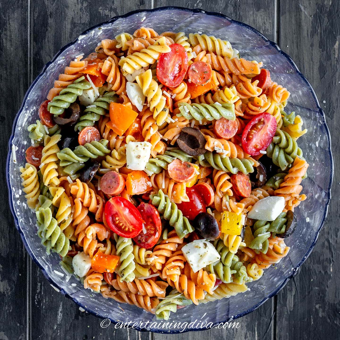 Overhead of italian pasta salad in a bowl