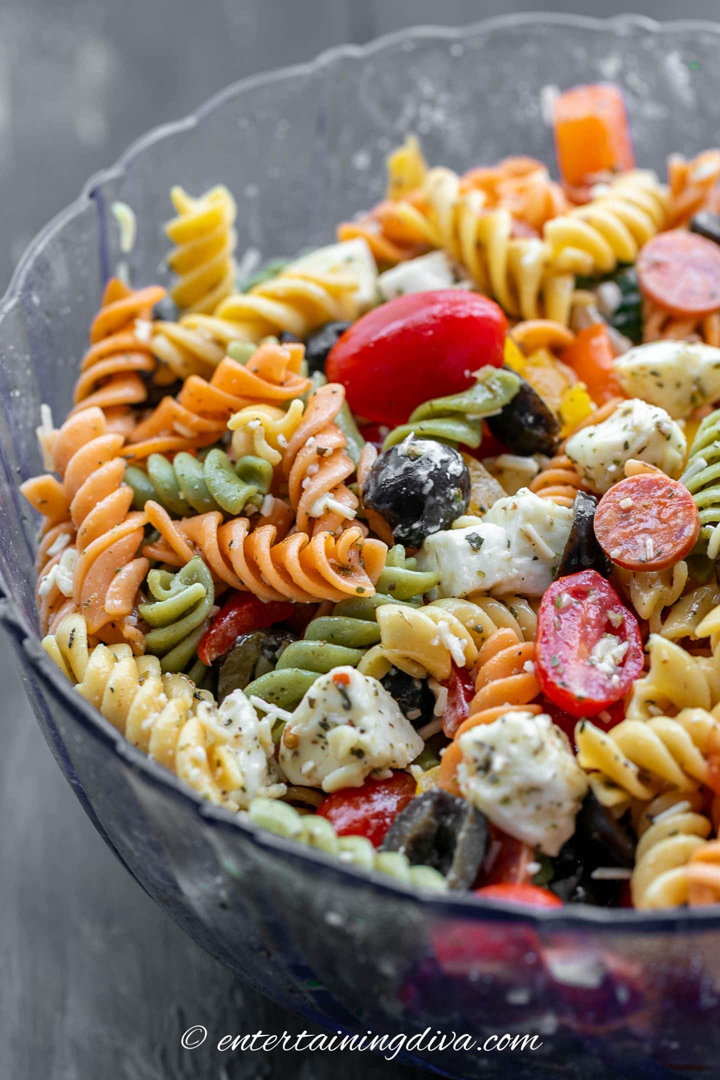 Angled view of Italian pasta salad in a bowl