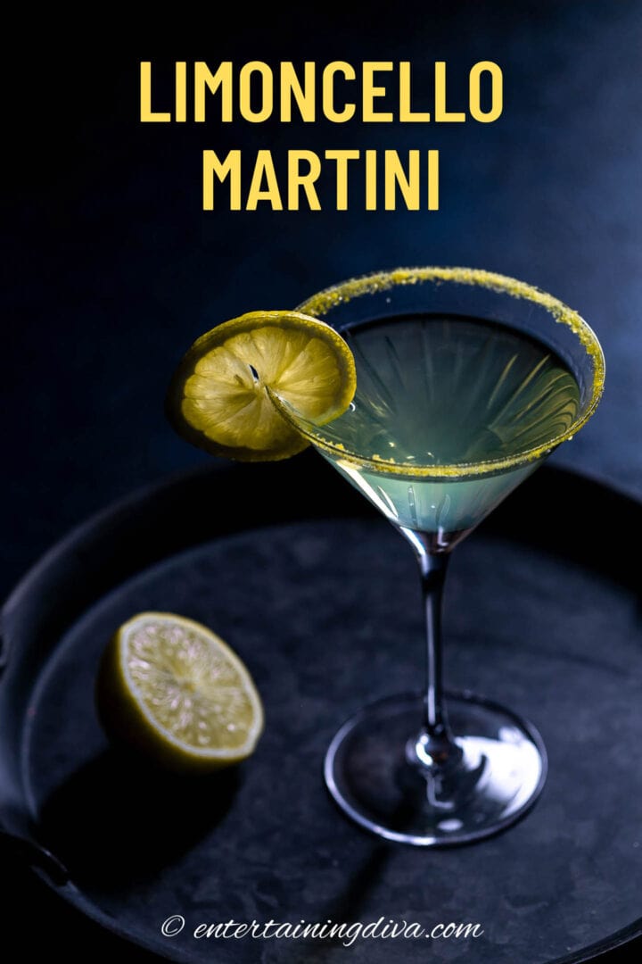 Lemoncello martini on a black tray.