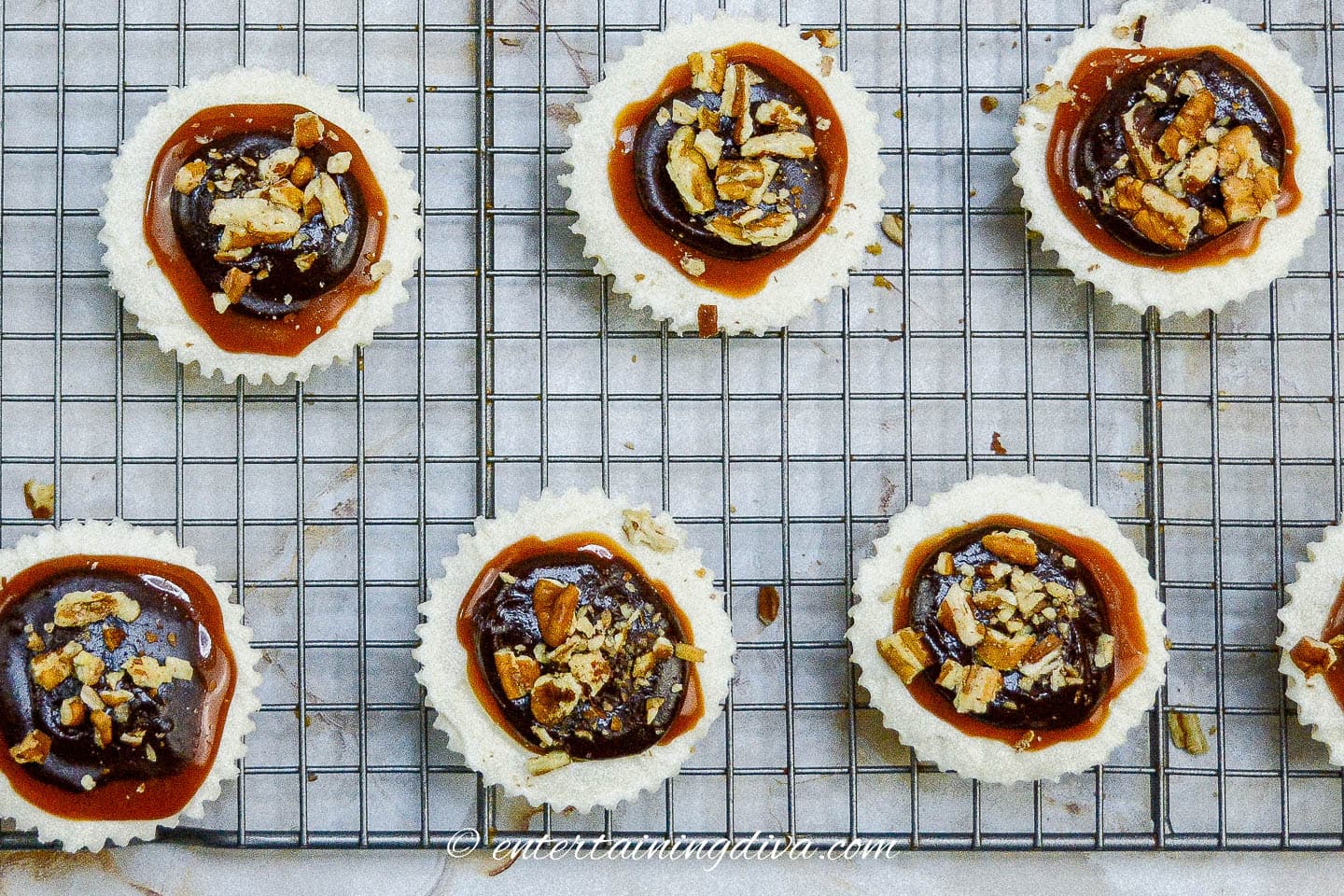 Mini turtle cheesecakes on a wire rack.