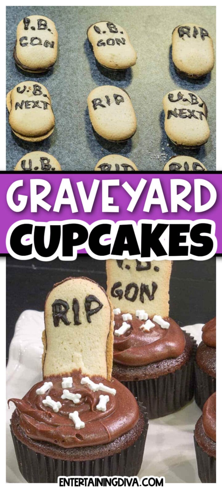 Halloween-themed cupcakes decorated as a graveyard.