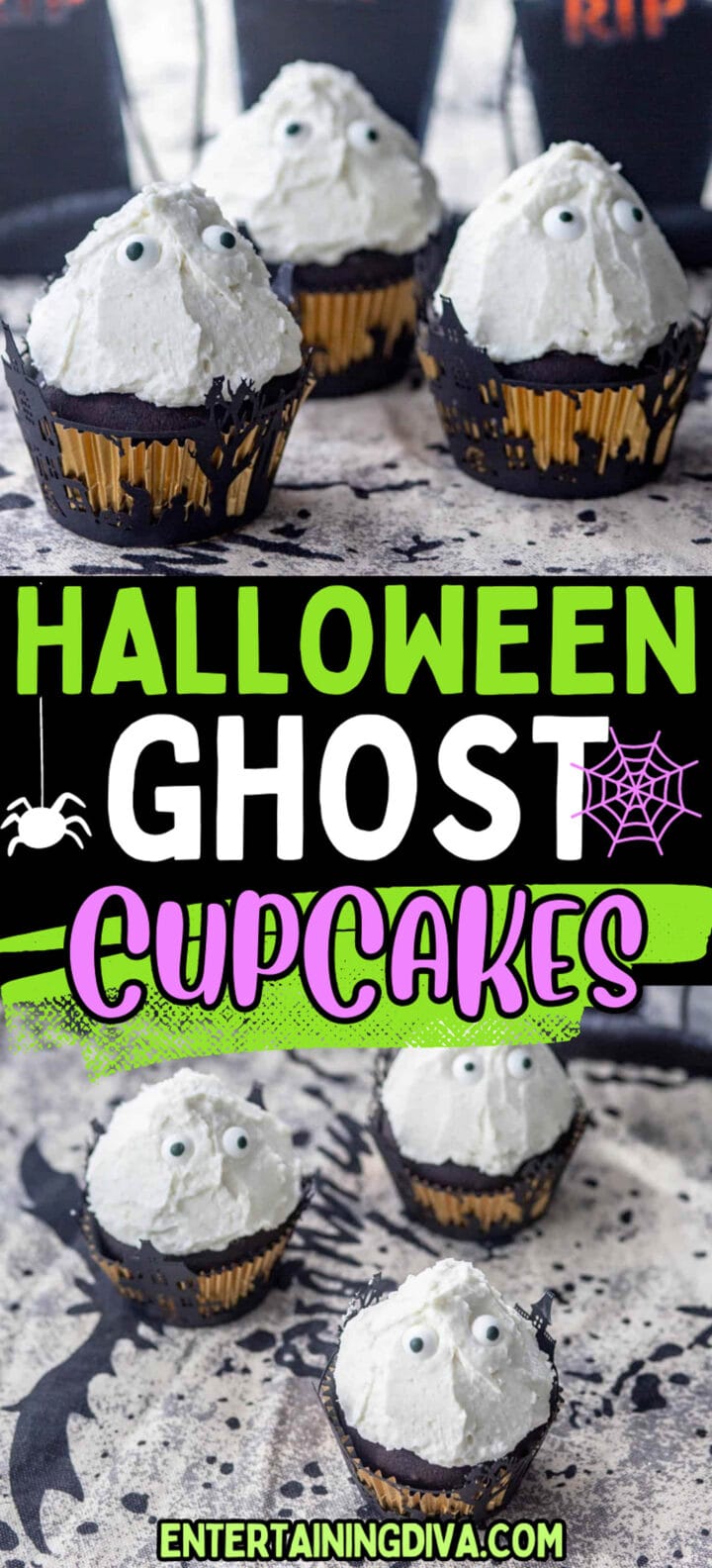 Halloween ghost cupcakes decorated with spooky ghosts.