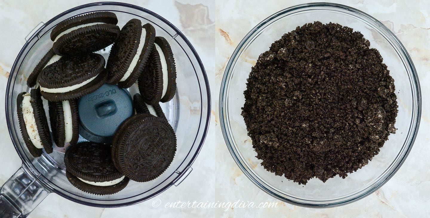 Oreo cookies in a food processor next to crushed Oreo cookies in a bowl