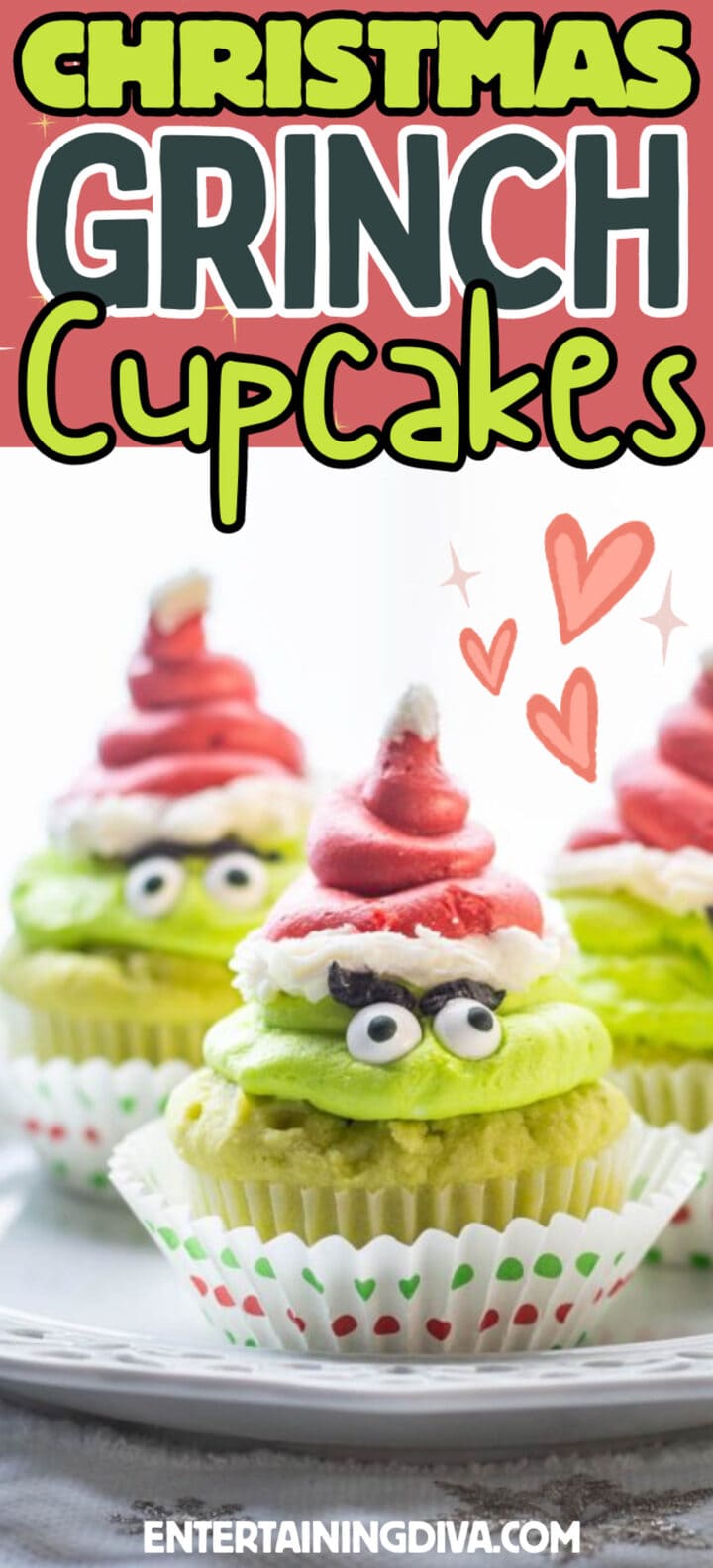 Christmas Grinch cupcakes with a heart inside and the text "Christmas