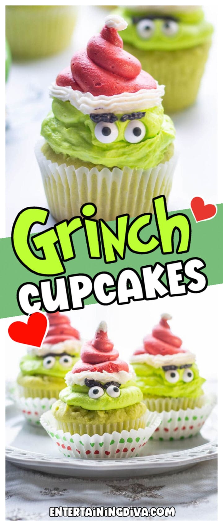 Grinch cupcakes on a plate with heart-filled grinch cupcakes.