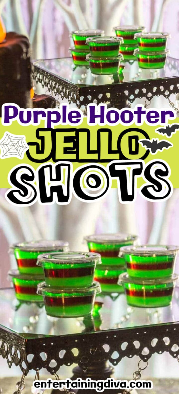 Purple Hooter layered jello shots on a table.