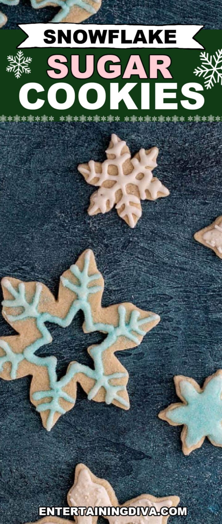 Snowflake sugar cookies with text.