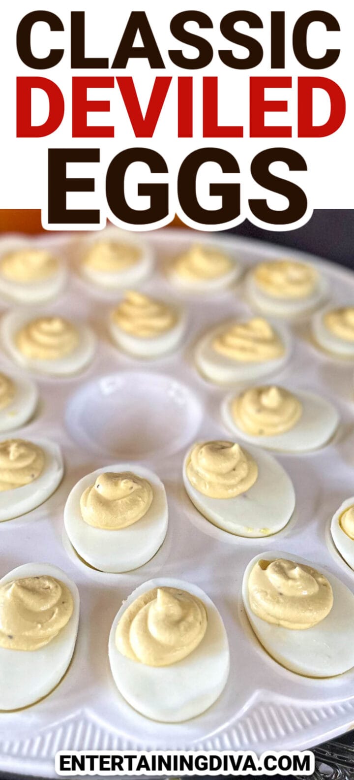 Classic deviled eggs arranged on a plate, accompanied by the text "classic deviled eggs".