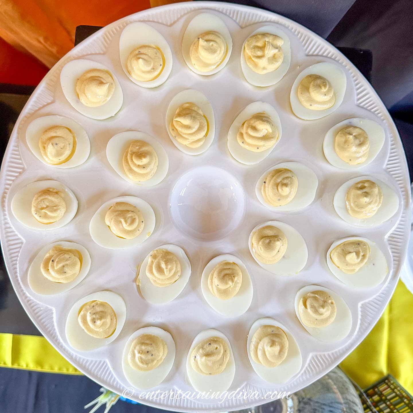 Overhead of classic deviled eggs on a plate