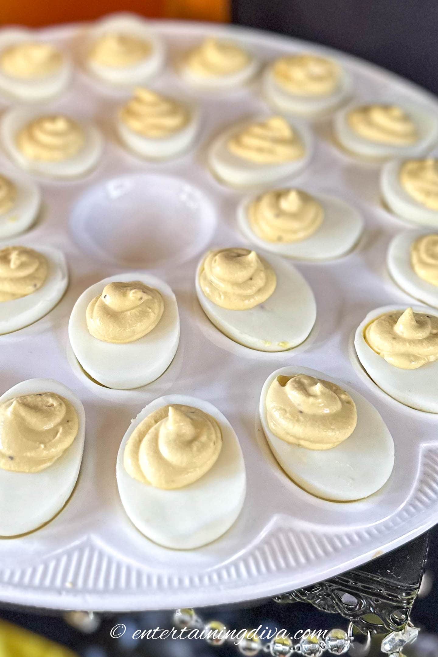 Fast and easy classic deviled eggs on a plate.