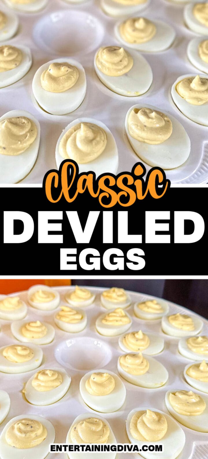 Classic deviled eggs on a plate with the text classic deviled eggs.