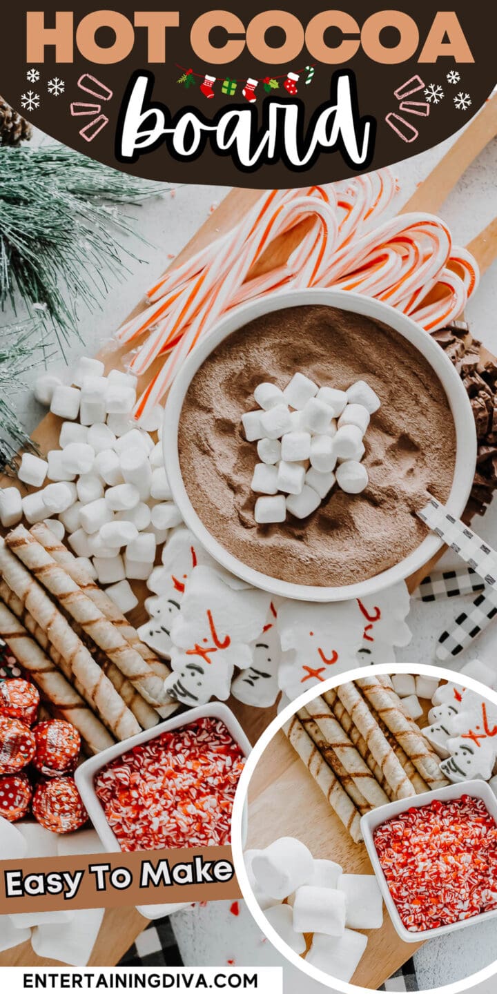 Hot chocolate charcuterie board with marshmallows, candy, and hot cocoa.