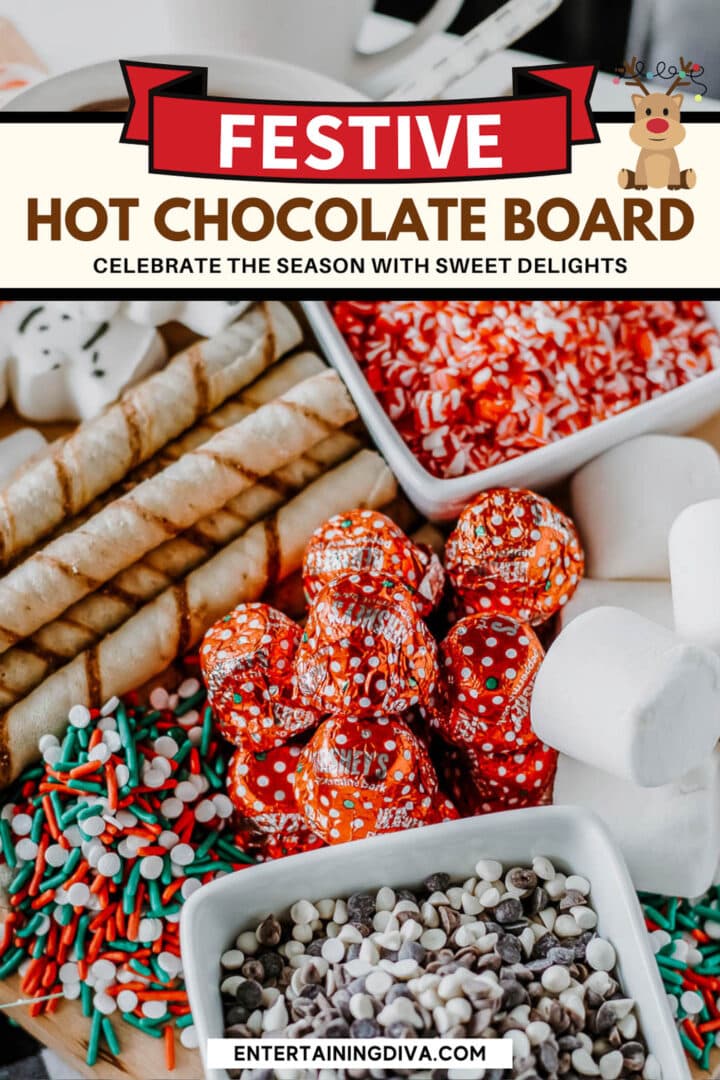 A festive hot chocolate charcuterie board with marshmallows and candy.