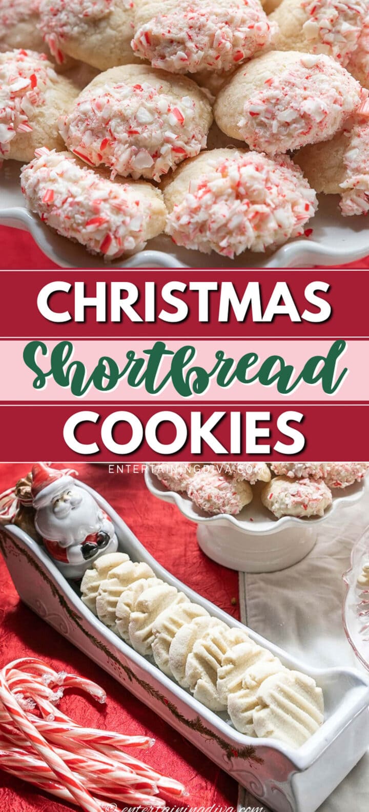 Whipped shortbread cookies on a plate with candy canes.