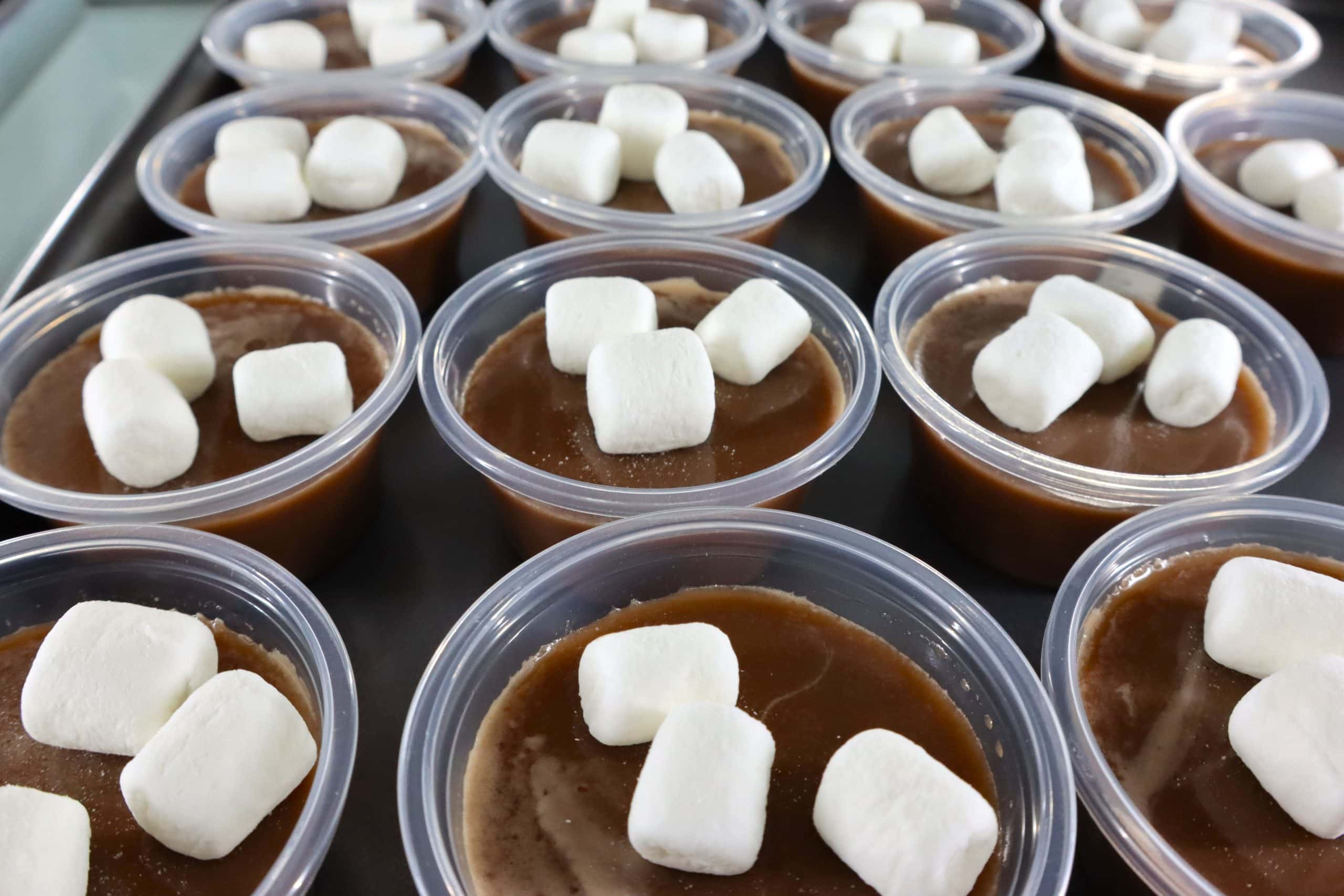 A tray of hot chocolate jello shots topped with mini marshmallows.