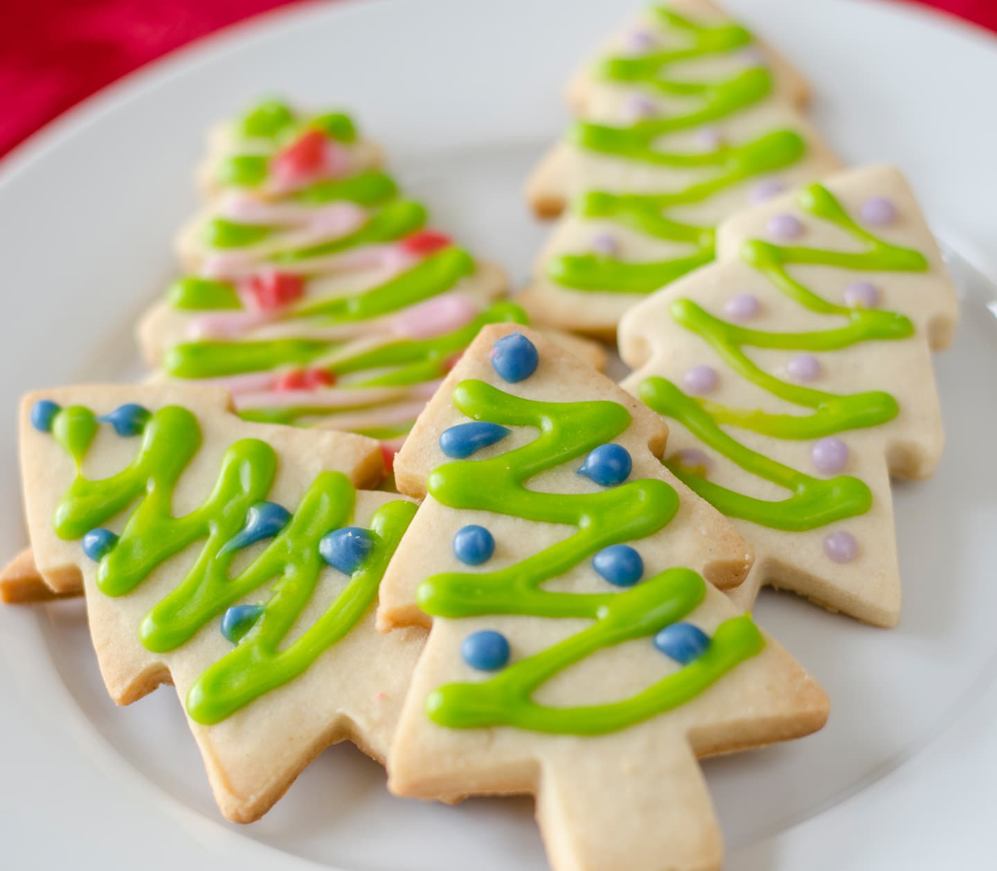 Christmas tree sugar cookies decorated with royal icing