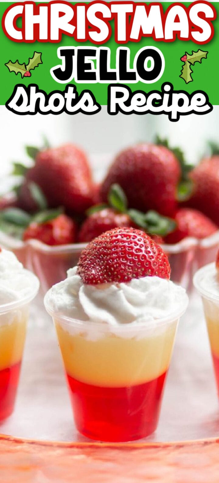 Strawberries and cream layered Christmas jello shots recipe.